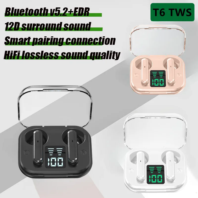 TWS T6 Wireless Earphones Bluetooth Headphones LED Dislpaly Bluetooth Earbuds Binaural Waterproof HD Calling Noise Reduction