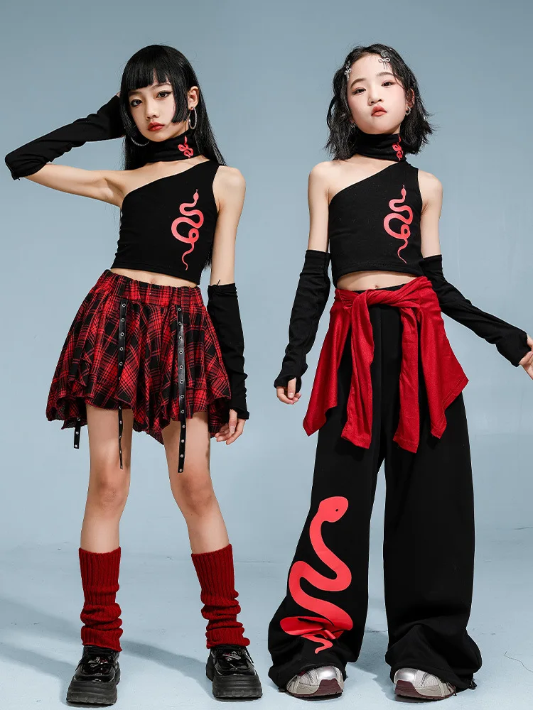 Vêtements de danse de rue pour filles, haut court à une épaule, pantalon imprimé serpent, jupe à carreaux, costume de cheerleading, tenues de scène Kpop Hip Hop