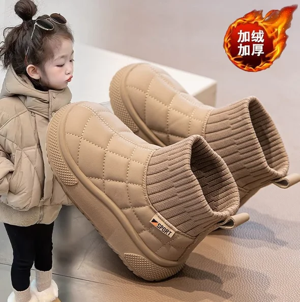 

2024 New Solid Color Fashion Plaid Kids Casual Snow Boots Plush Winter Soft Baby Boys Girls Short Boots Children Cotton Shoes