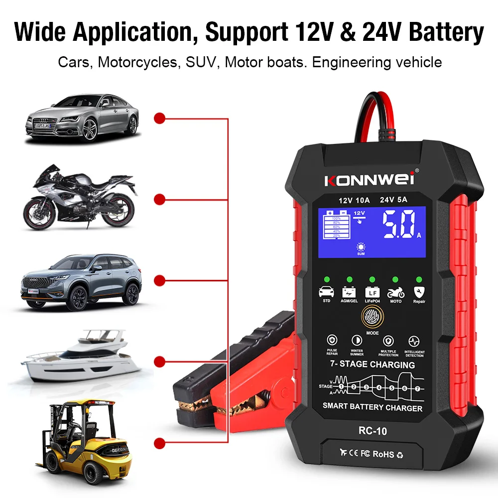 KONNWEI RC-10 12V 10 A 24V 5A cargador de batería de coche completamente automático carga rápida reparación de pulso cargador de batería plomo ácido