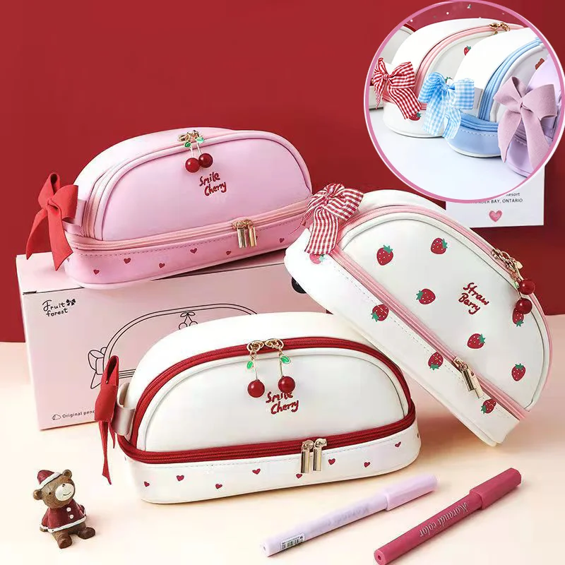 Kawaii Pencil Case Large Capacity Double-deck PU Waterproof Pencil Boxes School Stationery Supplies Cute Cosmetic Bag