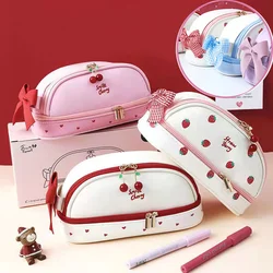 Estuche de lápices Kawaii de gran capacidad, cajas de lápices impermeables de PU de doble cubierta, suministros de papelería escolar, bolsa de cosméticos Linda