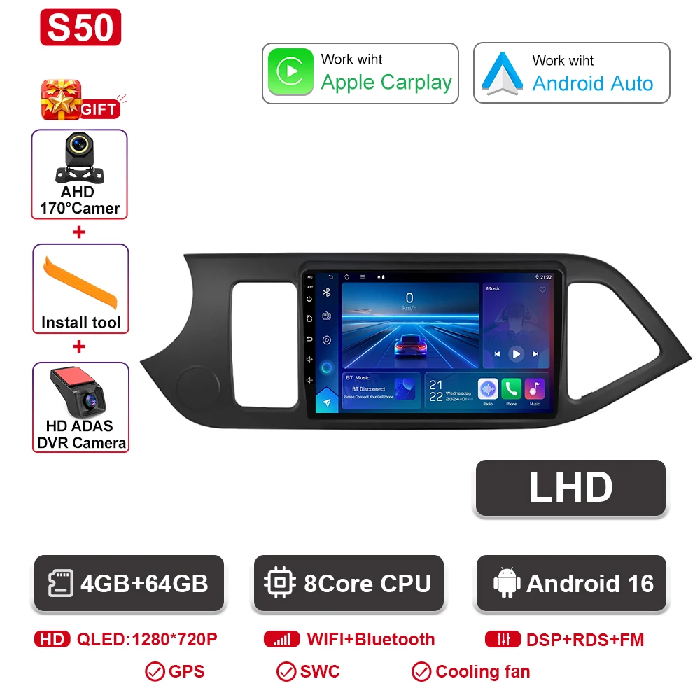 Android 16 Voor KIA PICANTO Ochtend 2011 2012 2013 2014 2015 2016 Carplay Auto Multimedia Autoradio Navigatie Speler WIFI + 4G DSP