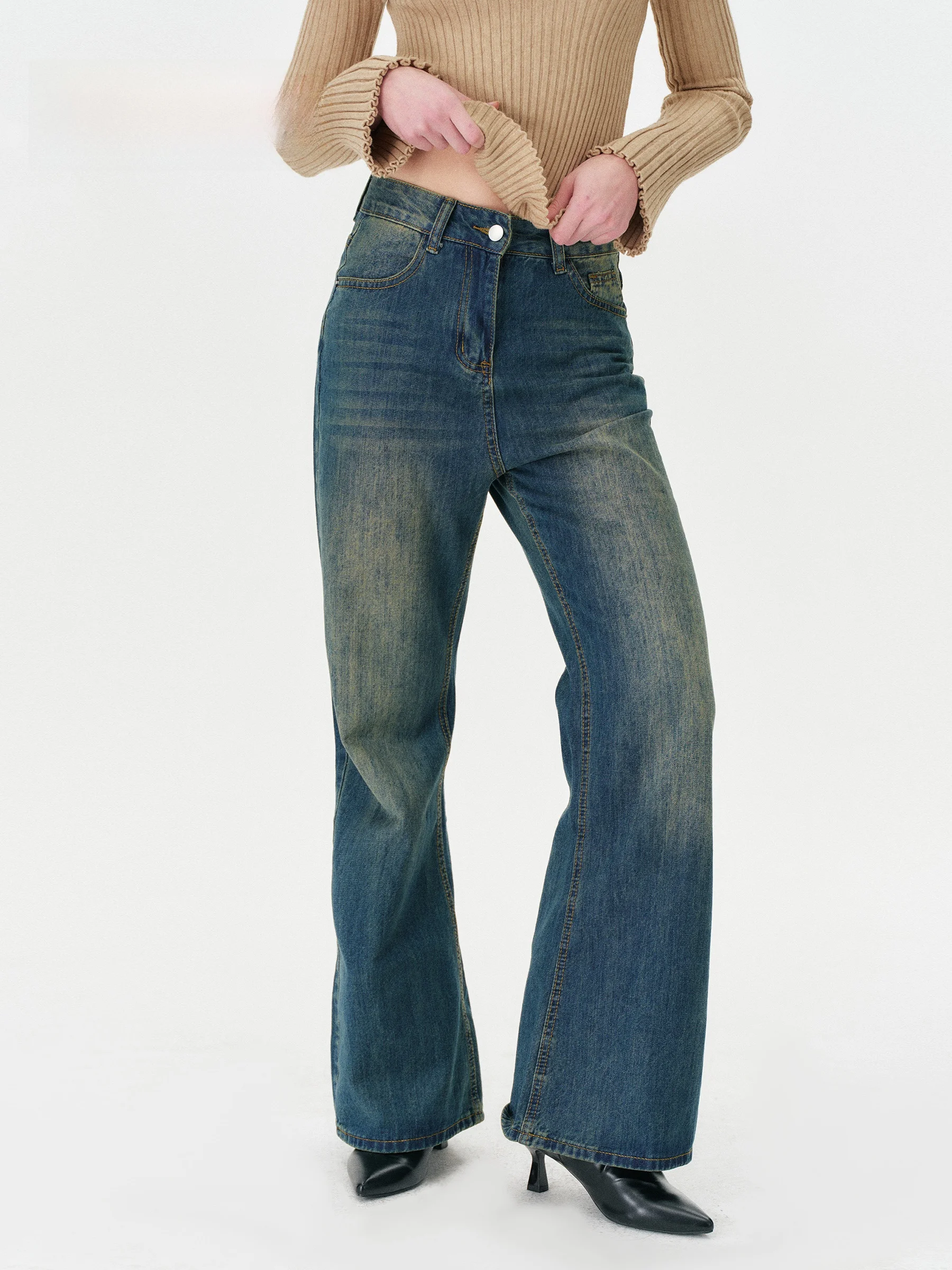 

Amee Vintage Waed Bell Bot Jeans Loose Slimming Straight Leg Long Pants Women's mid Waist l Color Cotton Denim