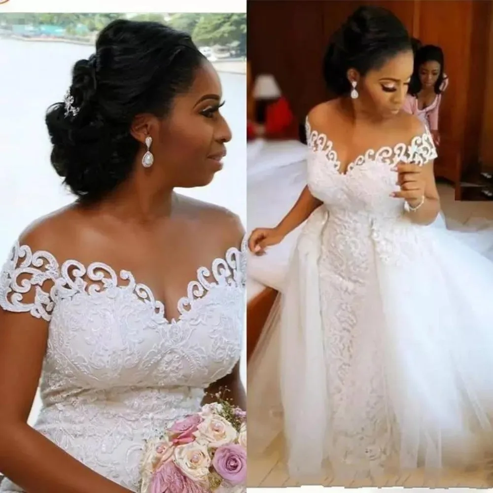 

Luxury African Mermaid Wedding Dresses Detachable Train Sweetheart Lace Applique Off The Shoulder Bridal Gown Vestido De Novia