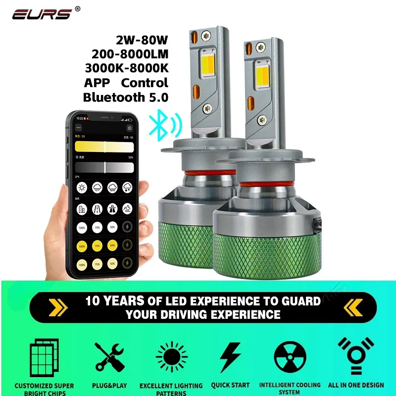 

EURS H11 LED Headlight Bluetooth APP Control Color 3000K-8000K H4 H7 H1 9012 9005 9006 HB3 HB4 Car Accessories