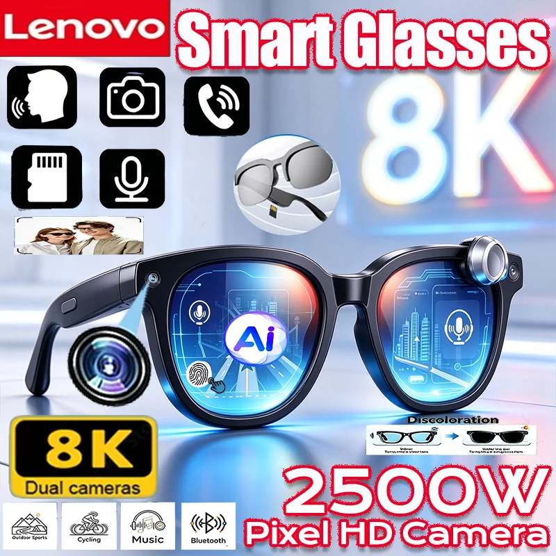 Lenovo 8K Insert Cards AI Smart Glasses 2500MP Translation Bluetooth Conversation Recording Listening To Music Smart Sunglasses