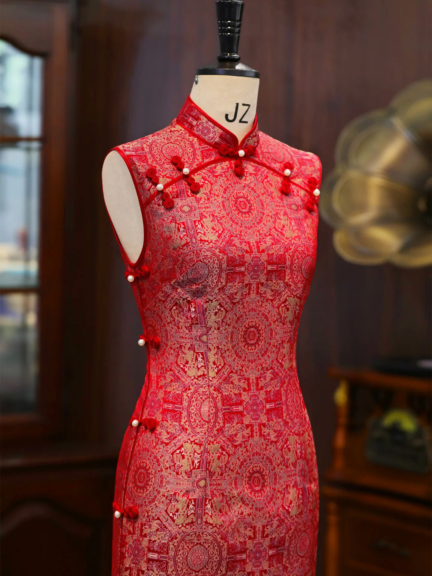 

Красное традиционное китайское свадебное платье для женщин, длинное ципао с низким разрезом, из дышащего полиэфирного волокна