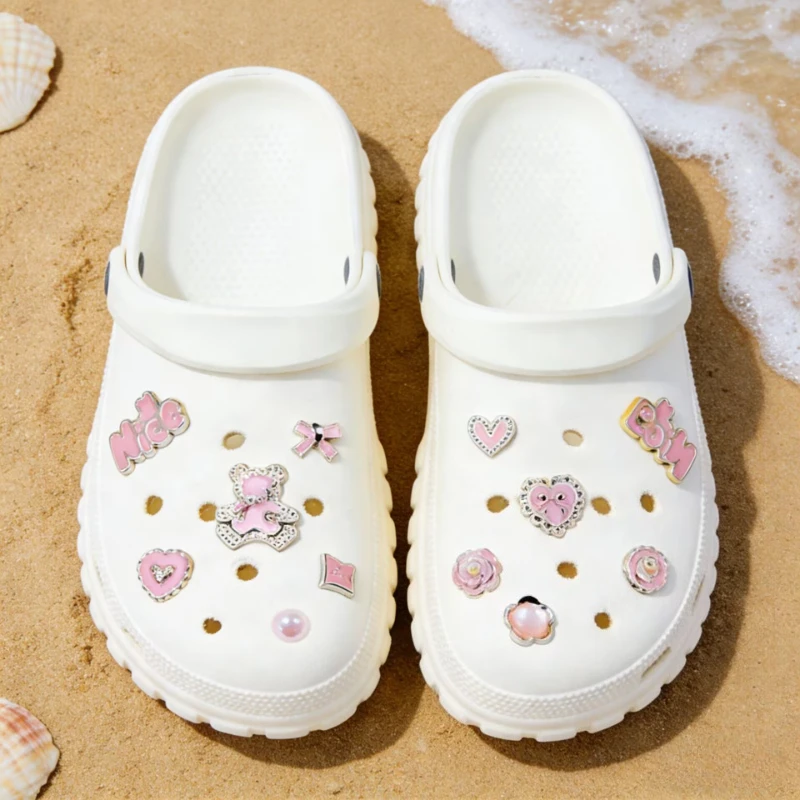 12Pcs Pink Shoe Charms Set, Creative DIY Pearl Flower Decorations with Detachable Chain for Girls' Shoes, Love-Themed Accessorie