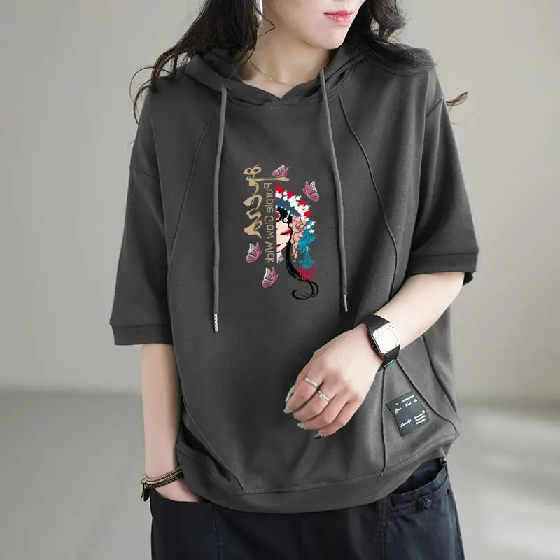 2024 New Summer Retro Art Chinese Style Loose Oversized Casual Sports Fashion Printed Short Sleeve Hooded Sweater for Women