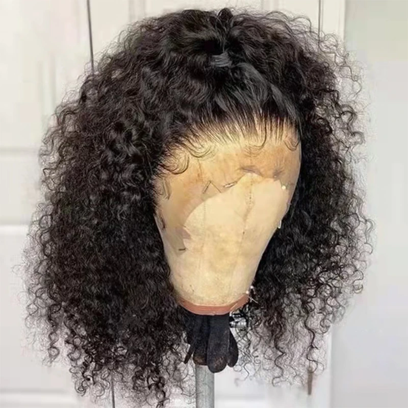 

Soft Preplucked Glueless 14Inch 180Density Short Bob Kinky Curly Natural Black Lace Front Wig For Women BabyHair Daily Cosplay