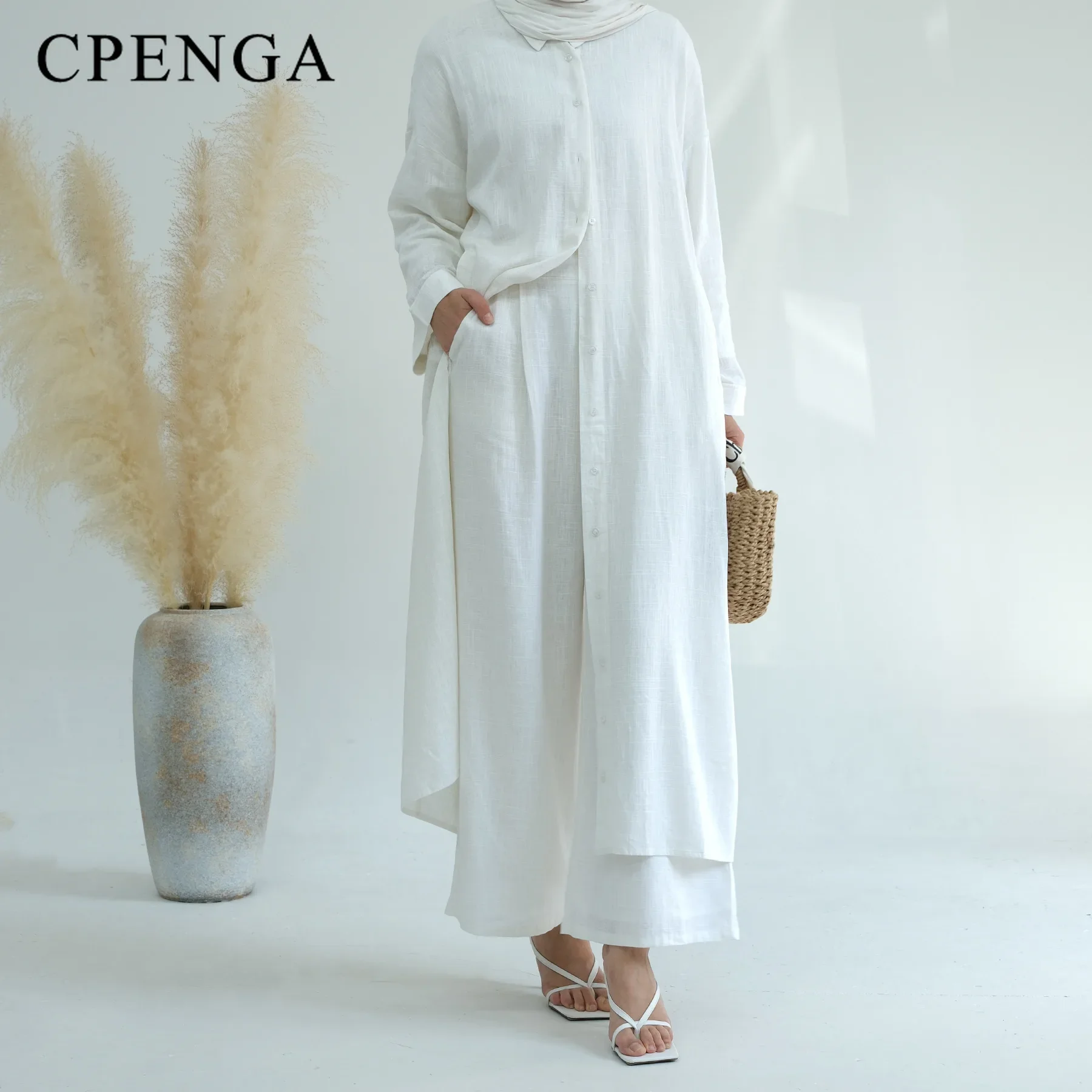 Ramadan Zweiteiliges Leinen-Muslim-Set für Frauen, elegante Dubai bescheidene Kleidung, islamisches Femme-Reise-Outfit, modischer Türkei-Anzug 20R