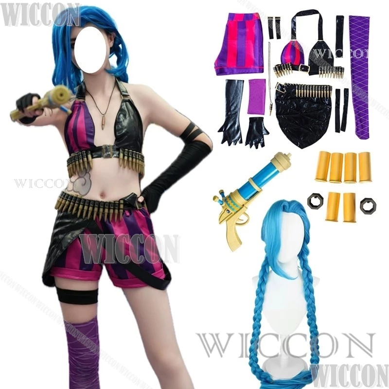 Anime Game LOL Arcane Cosplay Costume Crit Loli Jinx Cosplay Loose Cannon Cosplay Outfit Wig Sexy Women Carnival Outfit Finger