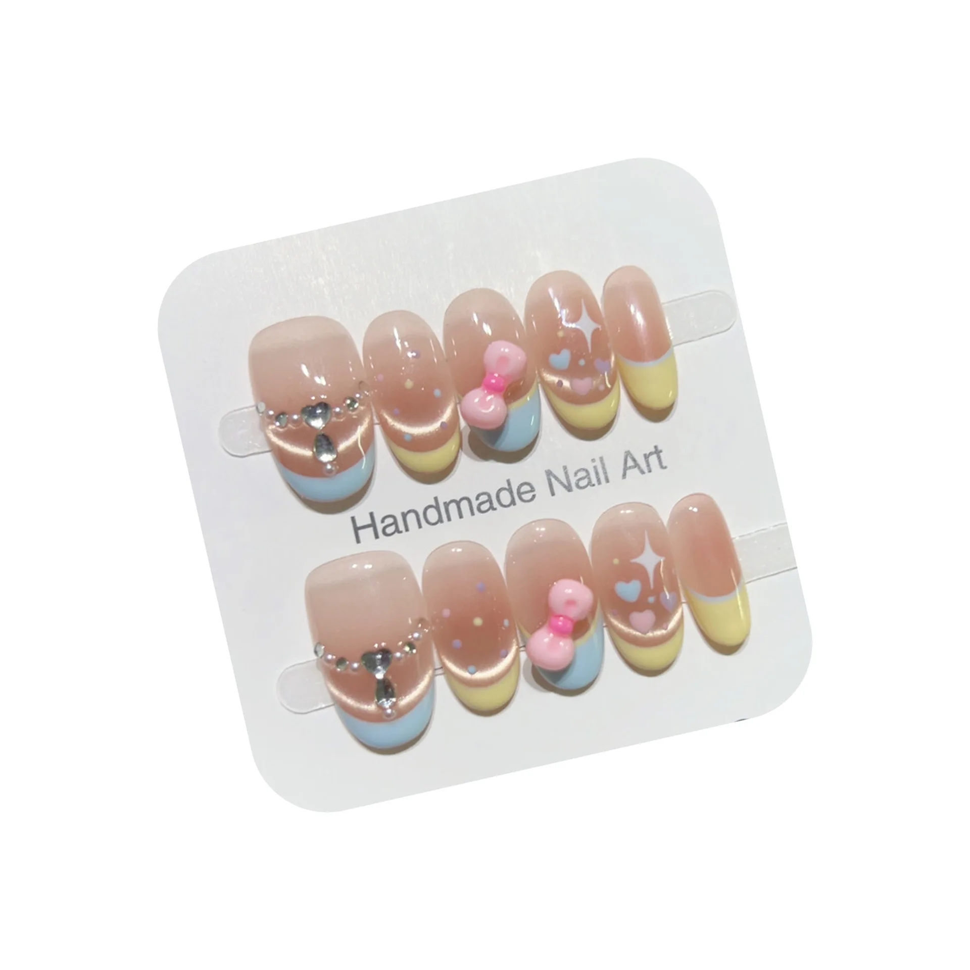 10 Stück handgemachte kurze ovale Press on Nail Französisch glänzende Cat Eye Bow Strass Design süße süße Fake Nail tragbare falsche Nagelspitze