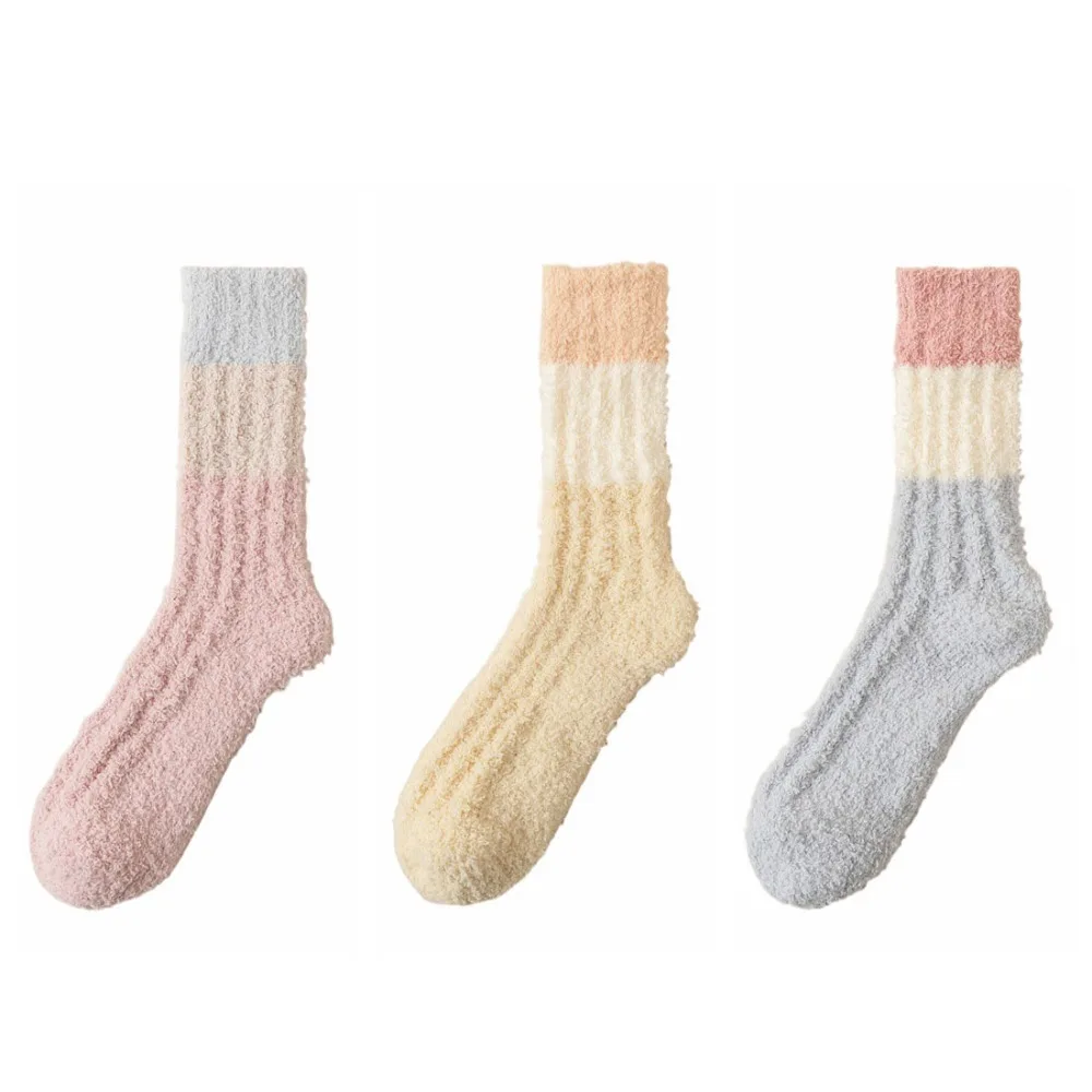 

3Pairs Thickened Coral Fleece Socks Winter Sleeping Floor Plush Socks Hosiery Stripe Mid Tube Socks Women For Female Men