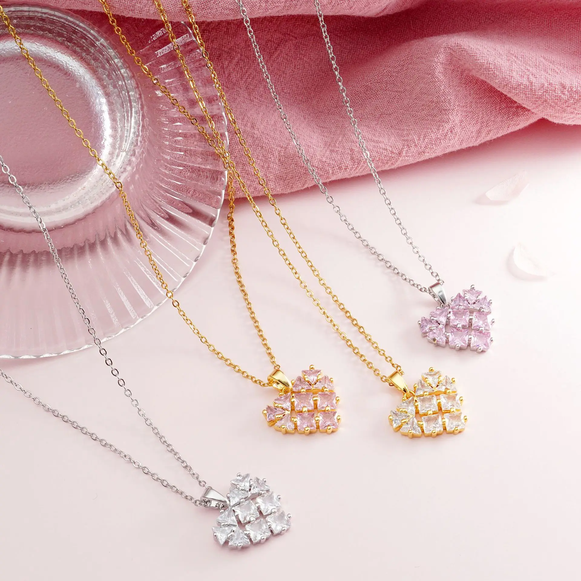 Wholesale 6pcs/set Silver Color Zircon Heart Necklace for Women Shiny Clavicle Chain Jewelry Gift Wholesale