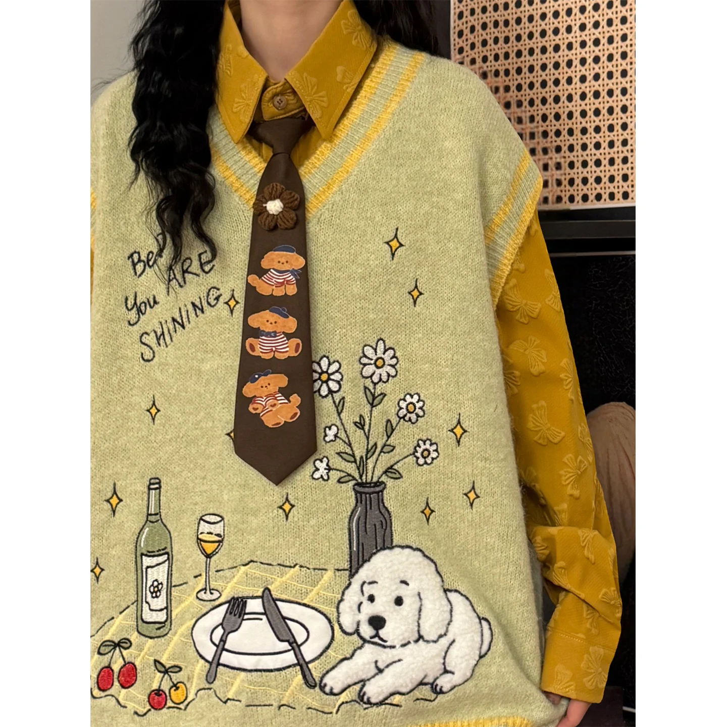 Adorable Embroidered Dog Picnic Sweater Vest Design Autumn Vintage Fun Top for Girls Students Loose Fit V-Neck Single Button