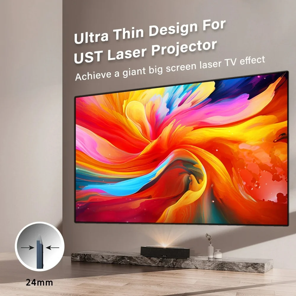 80\'\'-120\'\' 8K UHD 2.8 High Gain Fresnel ALR Screen for UST Projector 98% Ambient Light Rejection Ultra-Thin Bezel Fixed Frame