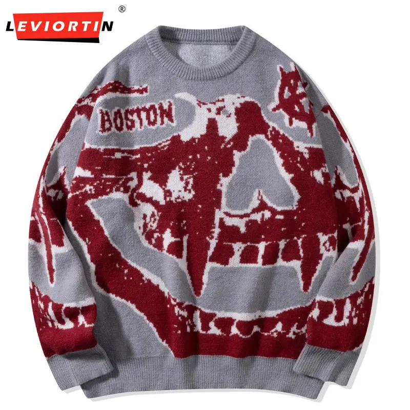 Autumn/Winter Men's retro loose and lazy style knitted top, high street trendy brand graffiti contrasting letter design sweater