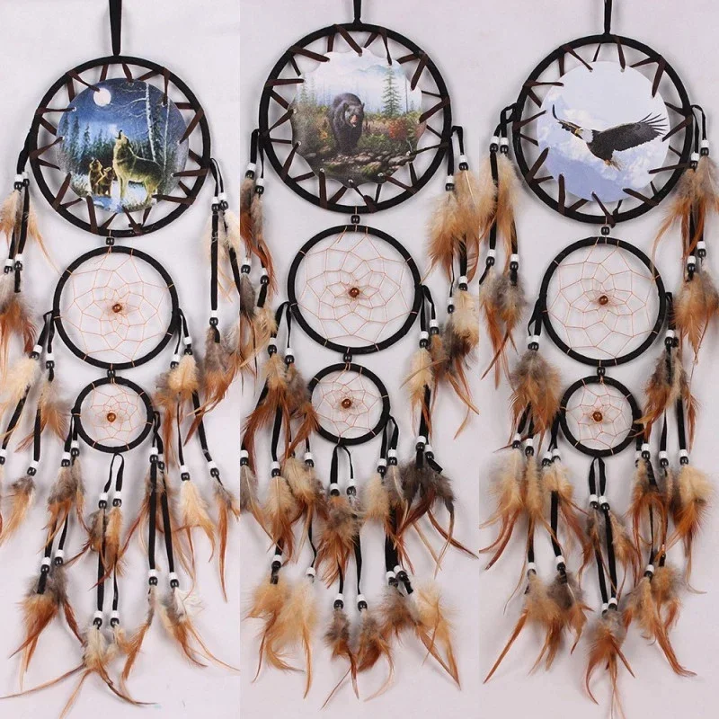 

Handmade Dream Catcher Creative Wall Decorations Wolf Pattern Indian Dreamcatcher Retro Feather Ornament Home Room Hanging Decor