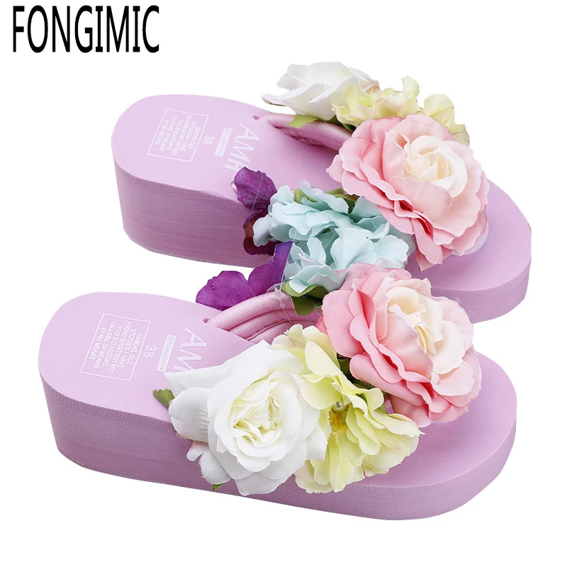 Summer Slippers Bohemia Flowers Woman Beach Flip Flops Summer Style Slides Resistant Slippers Platform Shoes Beach Slippers