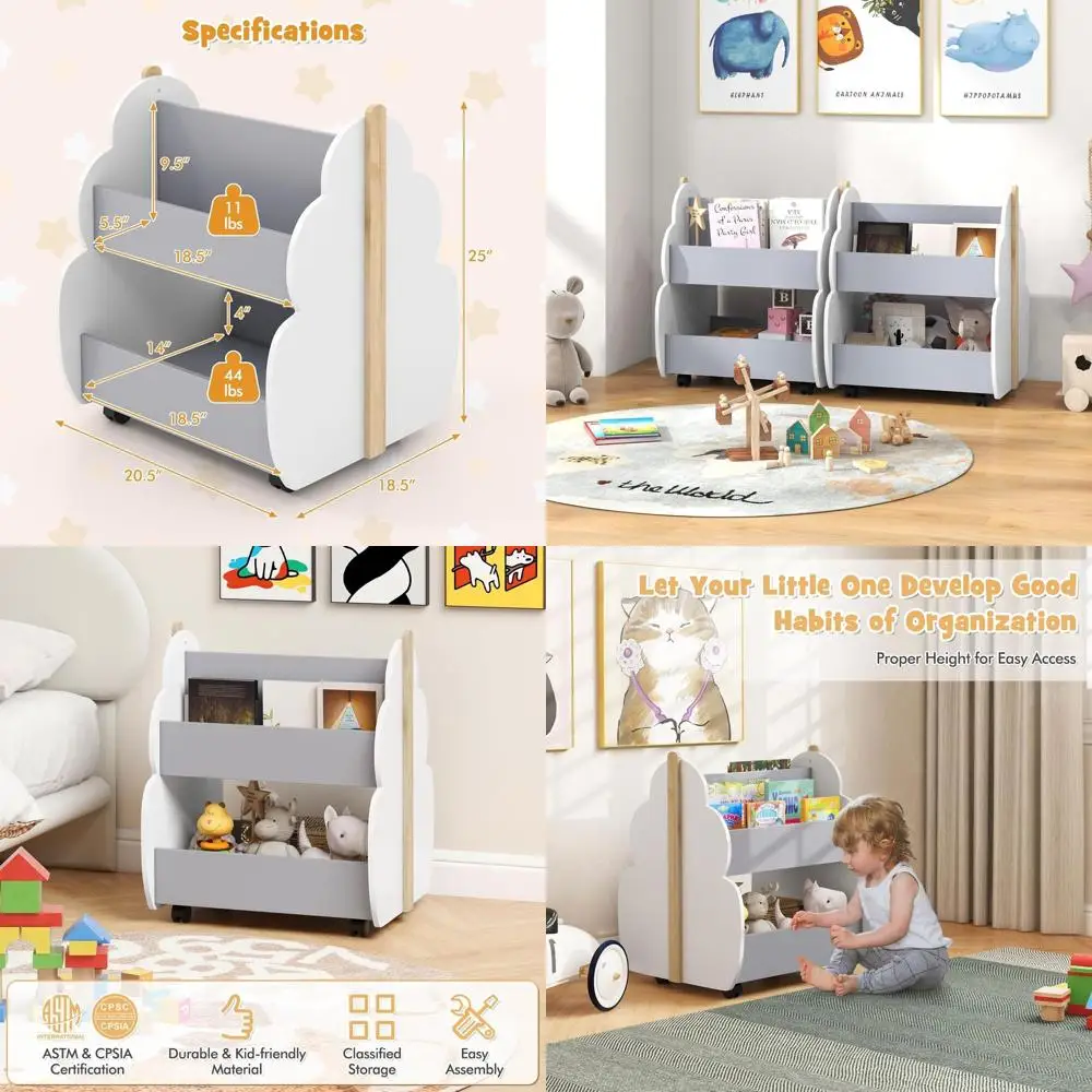 

2-Tier Wooden Toddler Bookshelf with Uni-Wheels, Kids' Book Organizer for Playroom and Nursery