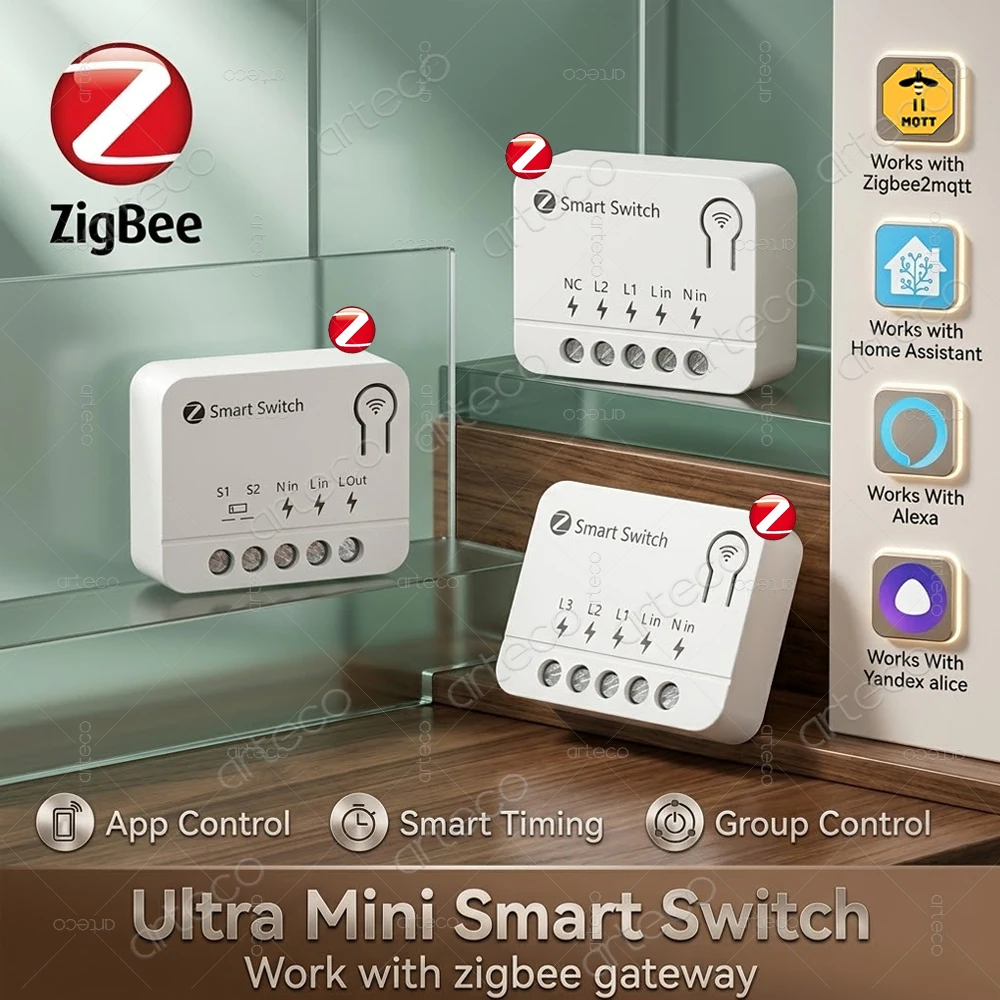 Módulo Interruptor Inteligente Mini Zigbee 10A DIY, Relé Disjuntor 1/2/3 Gangue com Controle por Aplicativo, Compatível com Z2MQTT, Home Assistant, Alexa e Alice
