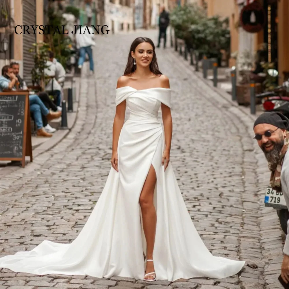 

Fashion Long Ivory Off the Shoulder Spandex Wedding Dresses فساتين حفلات الزفاف Short Sleeves with Slit A Line Sweep Train