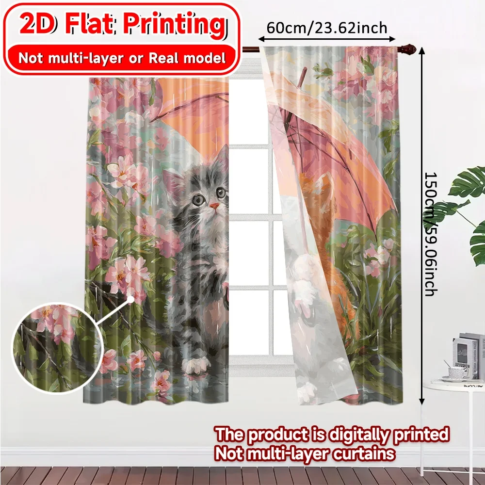 2D Flat Printing,2pcs Blossom Kittens Modern Contemporary Curtains Versatile 100% Polyester Curtains Festive Perfect for Living