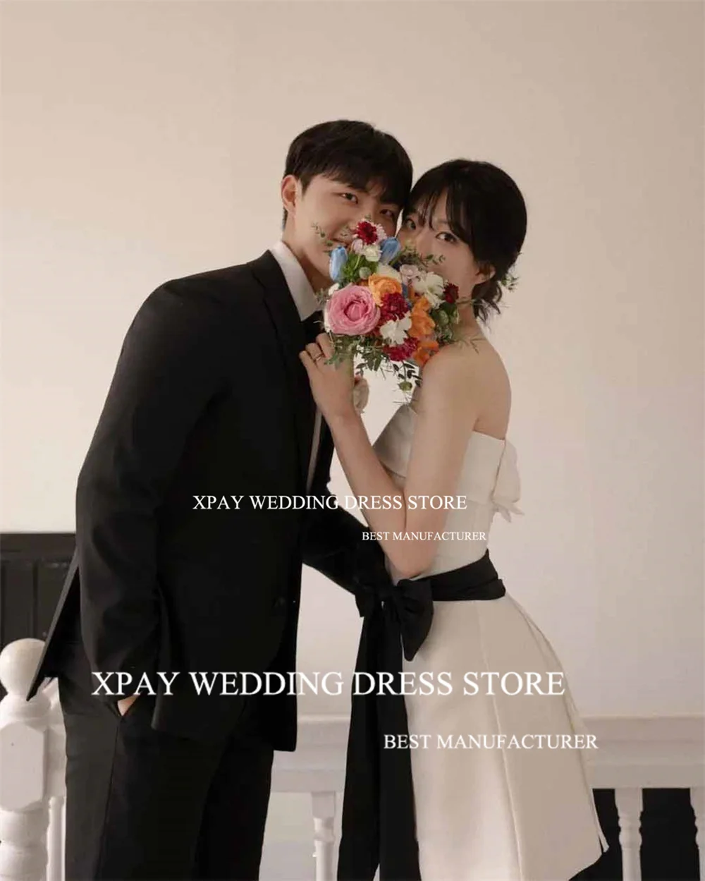 XPAY Satin Strapless Korea Short Wedding Dresses Strapless Sleeveless Black Belt Formal Party Prom Gown For Wedding Photos Shoot