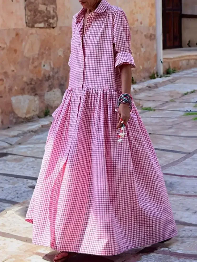 

Fdey 2024 New Spring Autumn Long Sleeve Loose Button Casual Maxi Dresses Woman Korean Fashion Plaid Pleated Lapel Shirts Dress