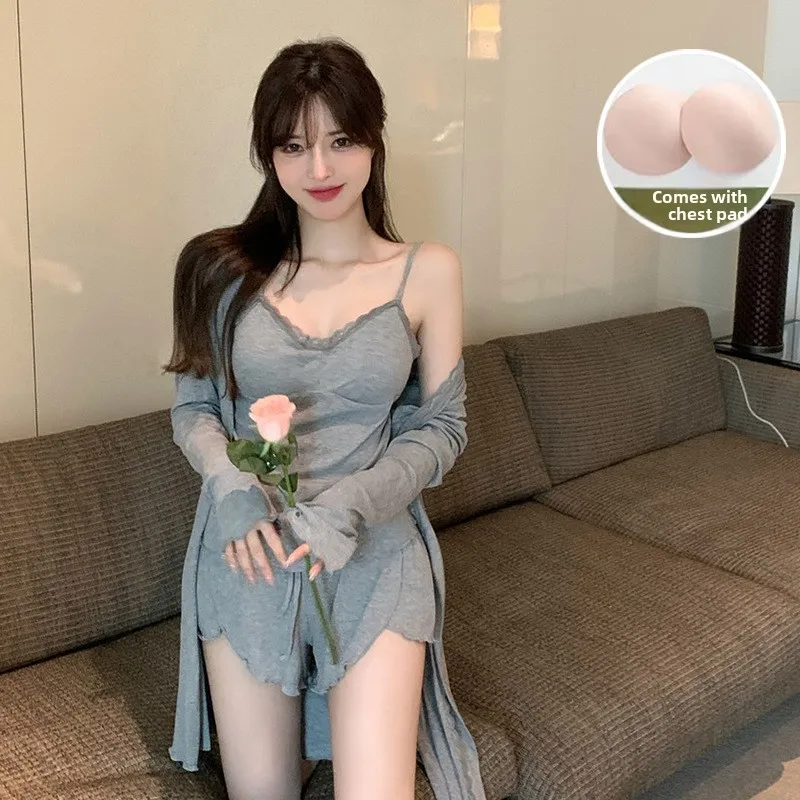 New Girls Casual 3-Piece Pajamas Women's Long Sleeve Jacket with Camisole Shorts Set Adult Homewear Young Women’s Sexy Clothing