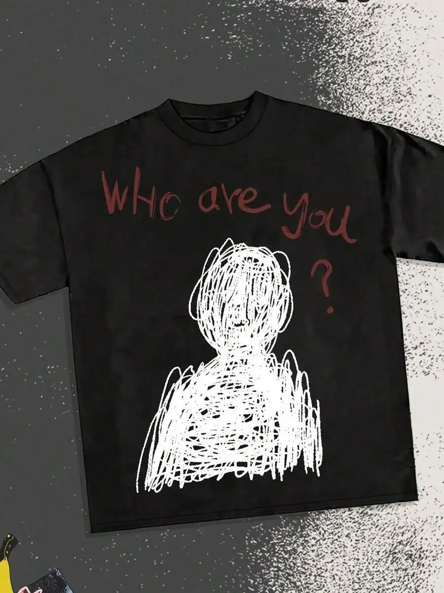 Unisex Women's New Fashion Who Are You? Artistic Hand-Drawn Sketch Graphic T-Shirt Apparel, Unique Graffiti Pattern Casual Crew Neck Short Sleeve Daily Top