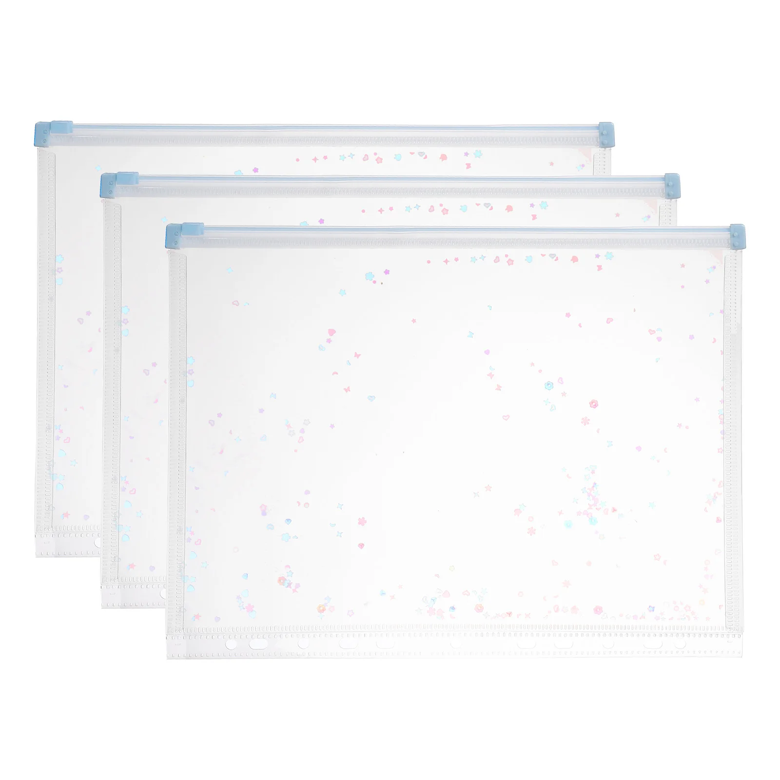 3Pcs A4 Plastic Binder Zipper Binder Pockets Clear Envelope Folders Planner Waterproof Pouch Filing with Sequin Decor