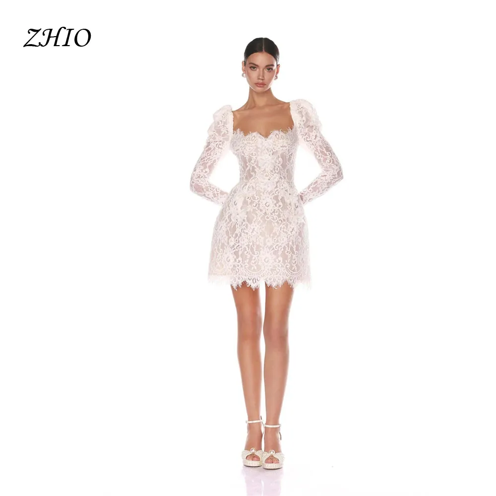

ZHIO Изысканное кружевное свадебное платье с квадратным вырезом и длинными рукавами, белое мини-платье Vestidos De Noche на молнии сзади после вечеринки