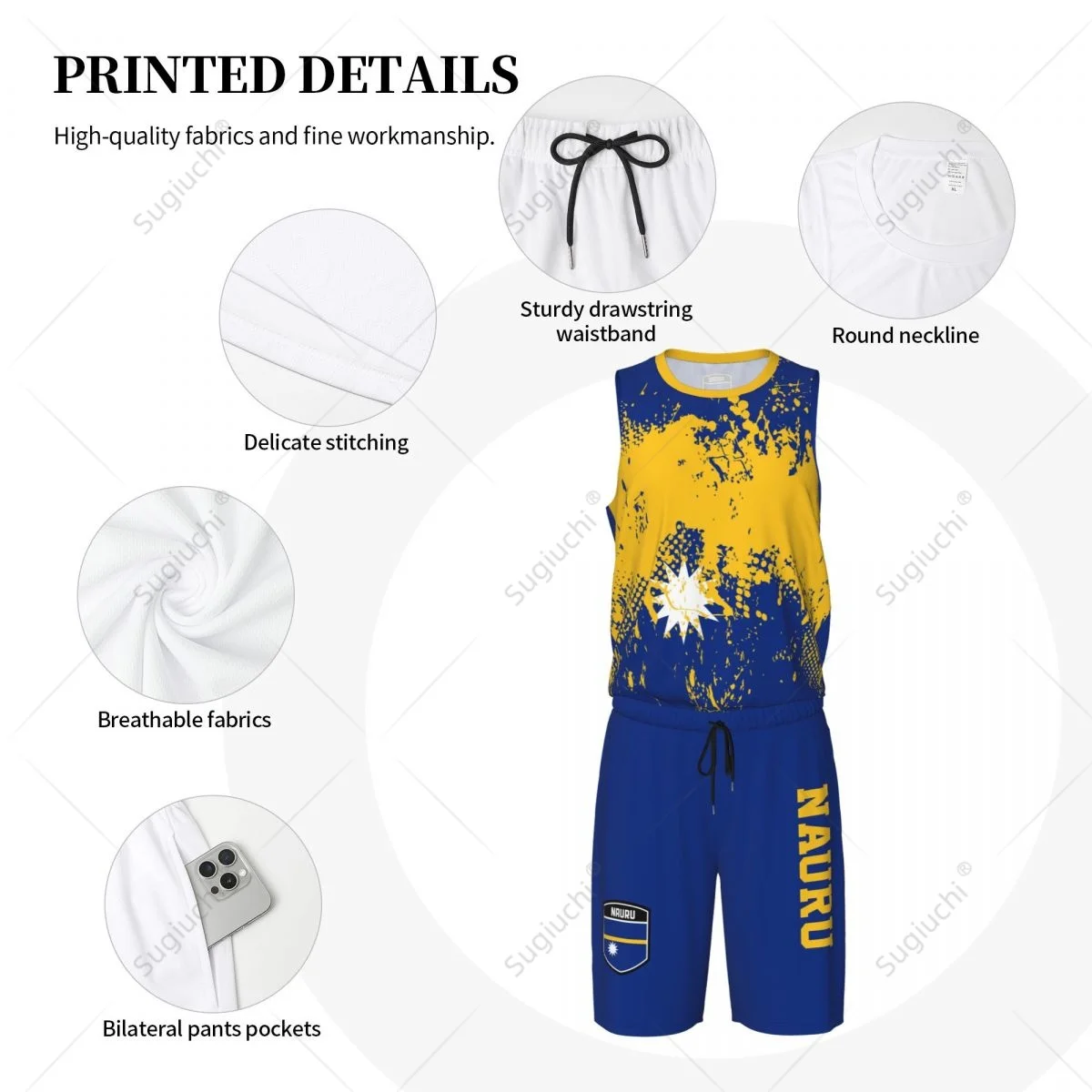 Team-up Nauru Flag Grain Men Basketball Jersey Set Shirt & Pants Sleeveless Custom Name Nunber Exclusive