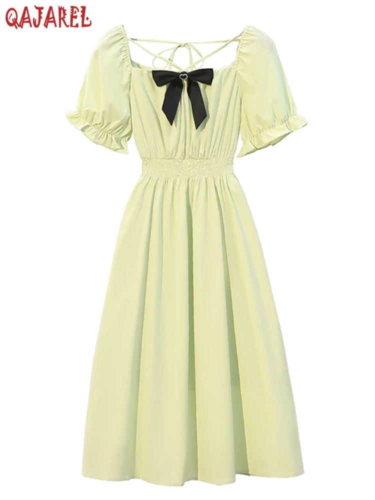

Women's Korean Square Collar Solid Green Sweet Dress 2024 Summer New Bow Chic Elegant Dress Beach Party Casual Bodycon Vestidos