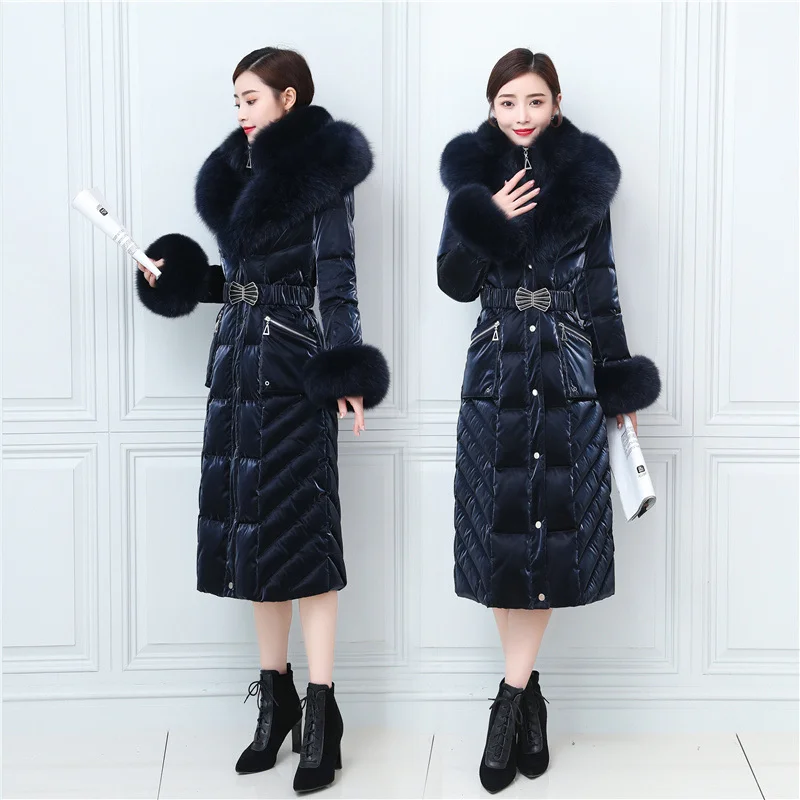 

Streetwear Women's Down Jackets Winter White Duck Down Coats Glossy Fox Fur Collar X-long Overcoat Female Thicken Hooded Coats