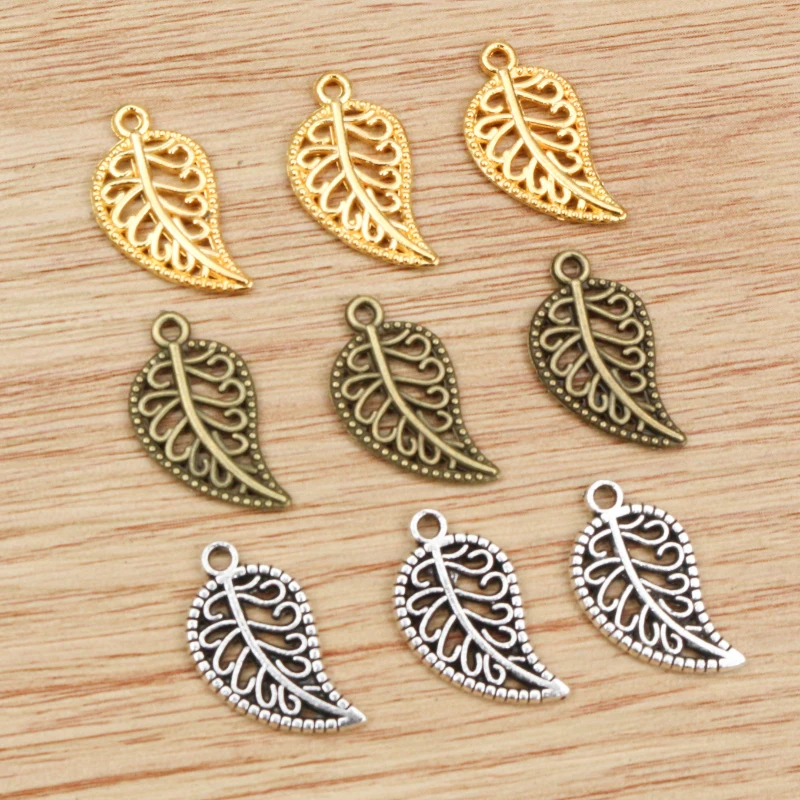 40pcs 19x10mm Antique Silver color and Bronze Gold Colors Plated Leaf Style Handmade Charms Pendant:DIY for bracelet necklace