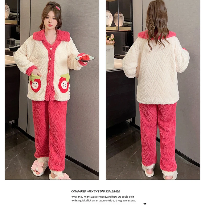 5XL Winter Coral Fleece Thickened Pajamas Women Plus Size Home Clothes Sweet Long Sleeves Loose-fit Loungewear Outside Wear