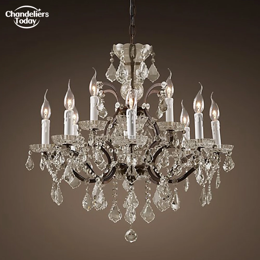 19th C. Rococo Iron & Crystal Round Chandelier LED Traditional Rustic Chandelier Lighting Home Decor Foyer Clear Cristal Lustre