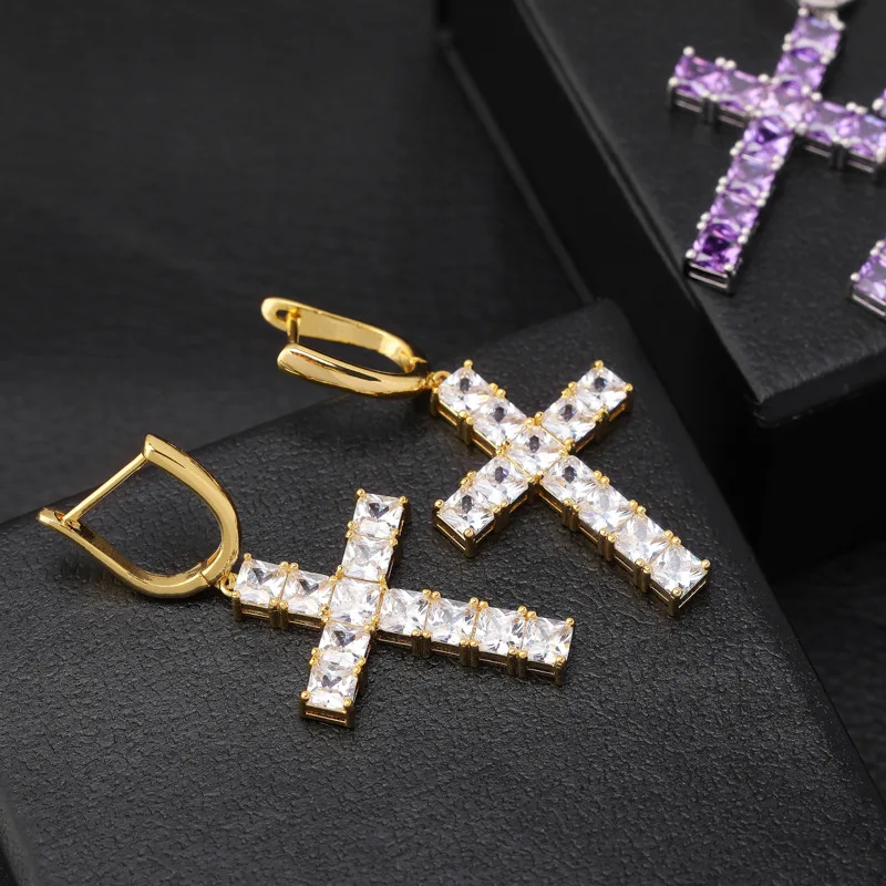 Iced Out Square Cubic Zirconia Cross Dangle Earrings Hip Hop Drop Ear Jewelry Trendy Unisex Men Women Fashion Party Accessories