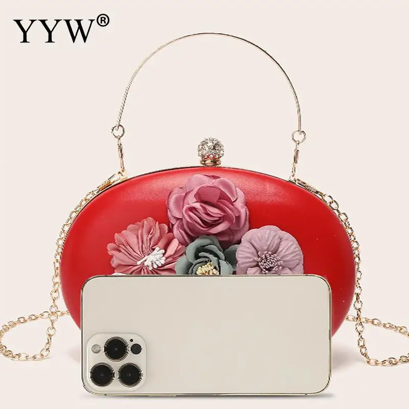 YYW Evening Clutch Handbag High Quality PU Leather Bags Floral Pattern Wedding Bridal Purse Pearl Bag Box Top Handle Chain Bags