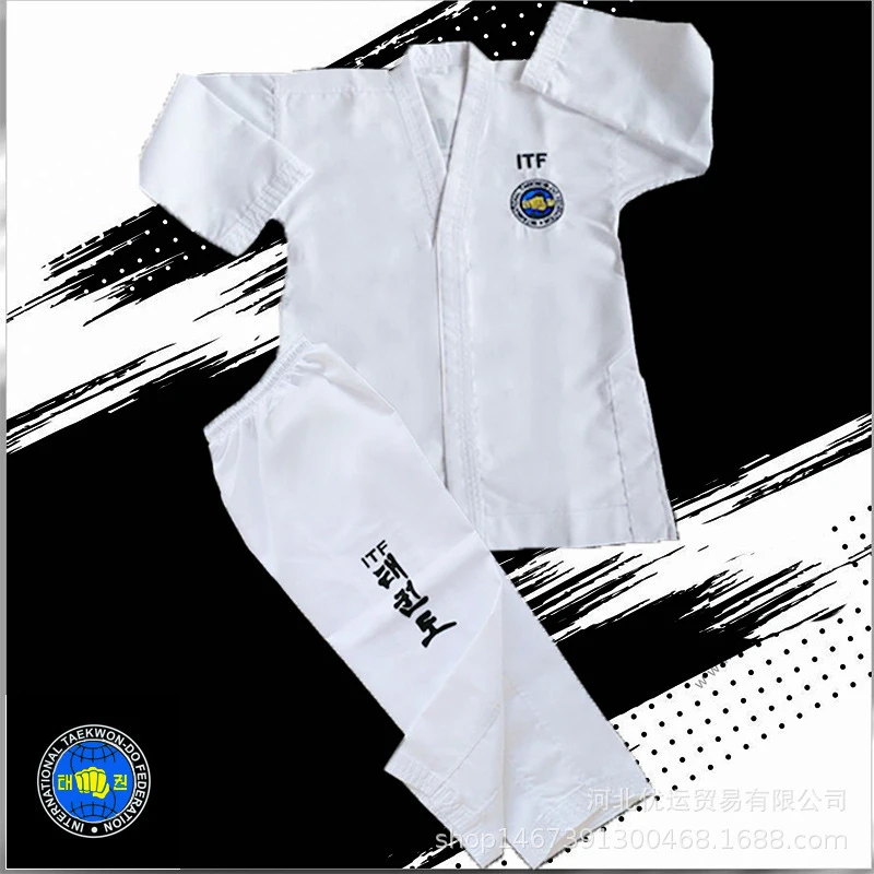 

Striped Cotton Taekwondo UniformKids Adult ITF Taekwondo Uniform Karate Judo Clothes Whole Embr Competition Training Embroidered