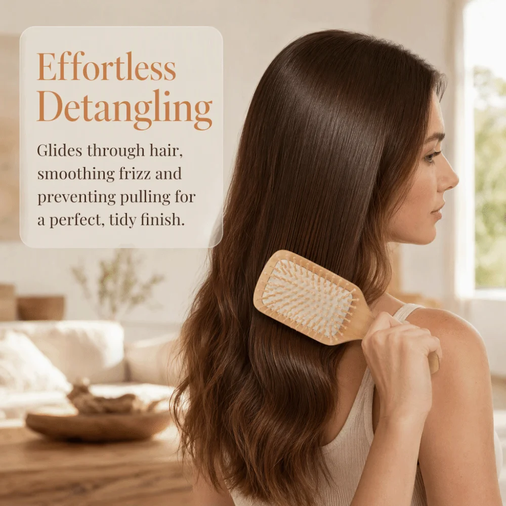 Ergonomic Handle Wooden Hair Brush Keratin Oil Infused Bamboo Bristles Detangling Paddle Brush Scalp Massage Brush Wet Hair Use
