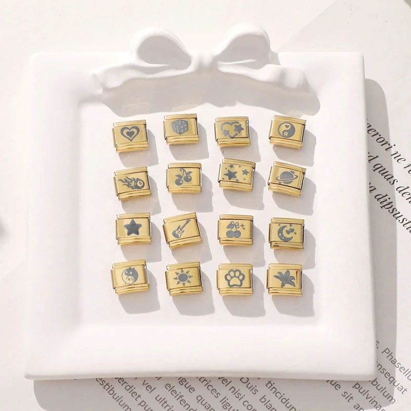 

Retro Black Engraving Star Cherry Tai Chi Ball NO.8 Gold Color Italian Charm Links Fit 9MM Stainless Steel Bracelet DIY Making