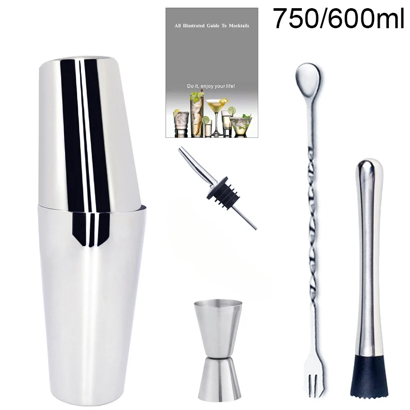 5 Piece 304 Stainless Steel 750/600ml Boston Cocktail Shaker Set, Bartender Kit, Bartending Bar Shakers with Recipe