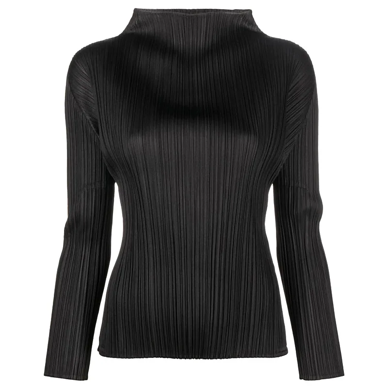 ISSEY Basic Classic Style Ruffled Half-Ceiling Collar Solid Color Slim-Fitting Long-Sleeved T-Shirt