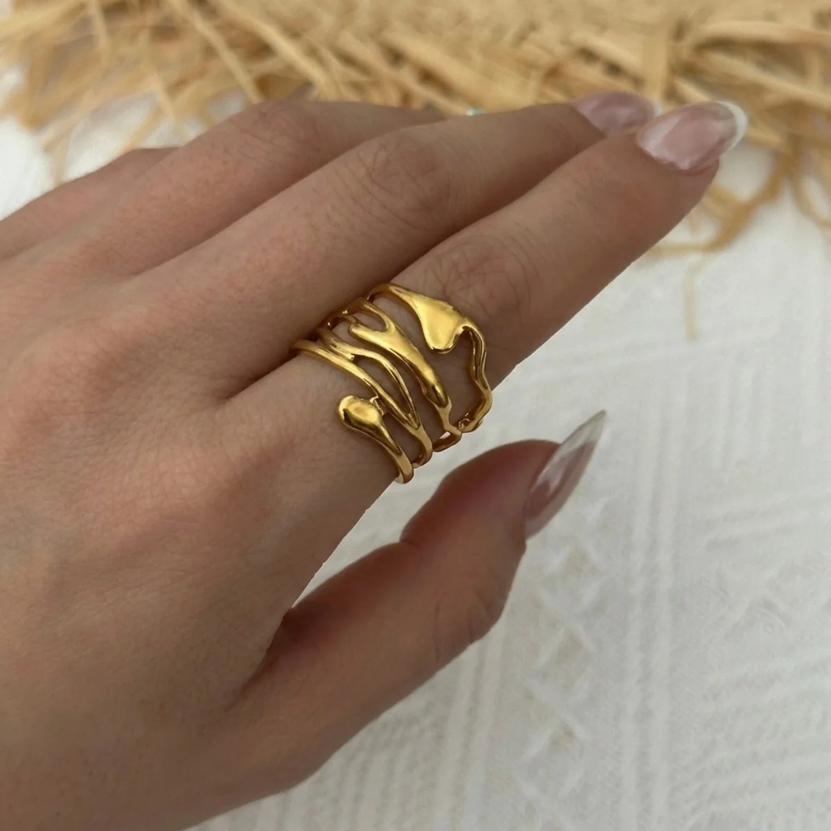 Edelstahlringe mit unregelmäßigen Wellen, Korallen, Seesternen und Blumen für Damen und Herren, Retro-Punk, florale Blätter, geometrische Linien, Boho-Schmuck – Detail 19