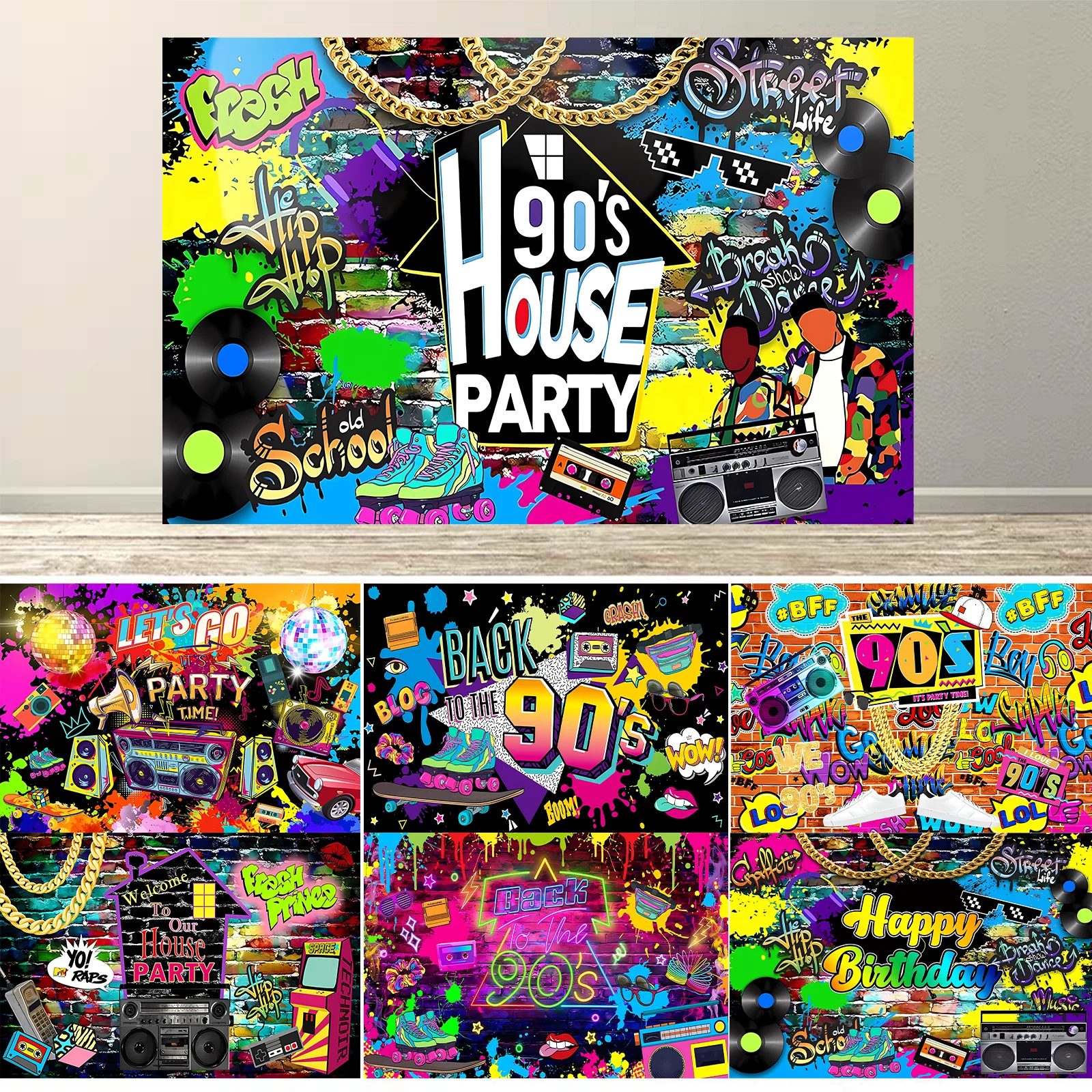

Back to The 90s Backdrop for Party Decorations Retro Hanging Banner Background for Photography Hip Hop Graffiti Wall Photo Props